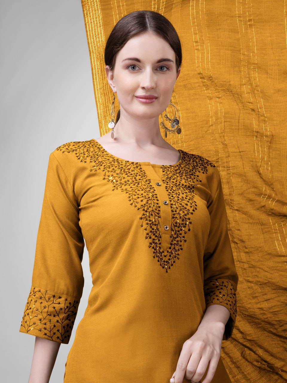 Elegant  Cotton Kurta Set with Embroidered Neckline and Printed Dupatta – Daily & Office Wear