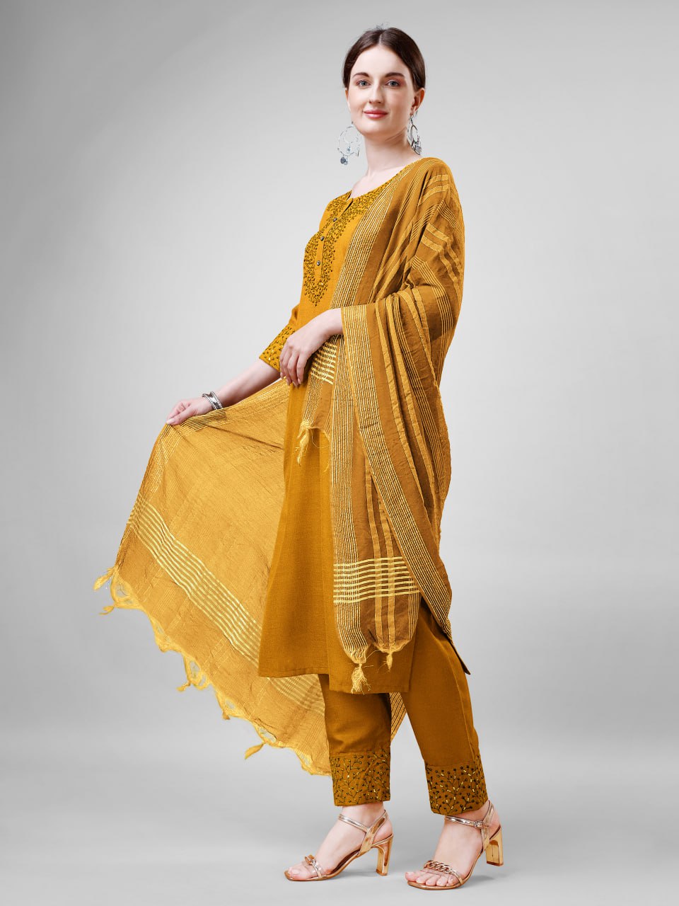 Elegant  Cotton Kurta Set with Embroidered Neckline and Printed Dupatta – Daily & Office Wear