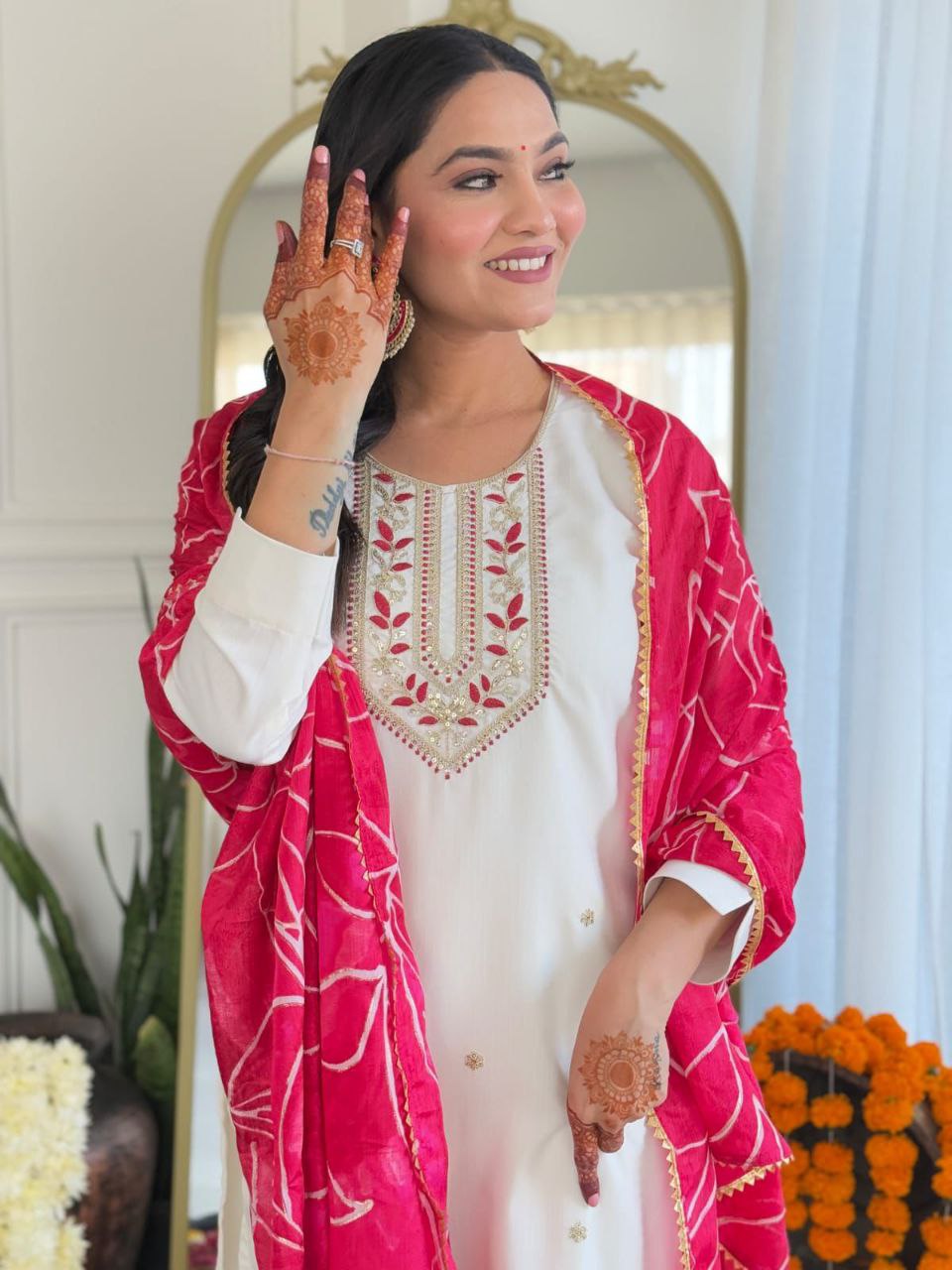 Elegant White Kurti Pant Set with Pink Bandhani Dupatta & Matching Potli | Perfect for Festive & Wedding Functions