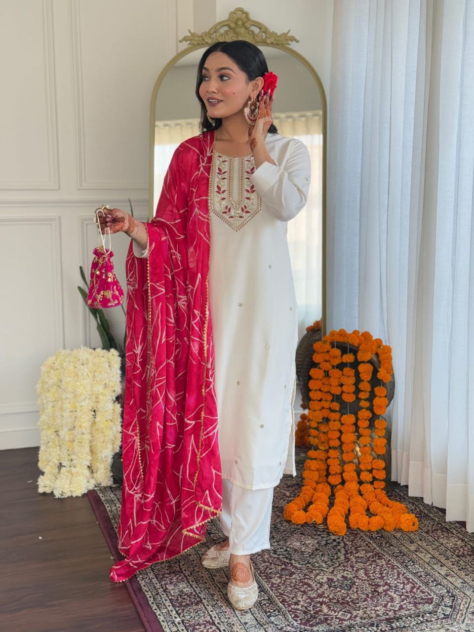 Elegant White Kurti Pant Set with Pink Bandhani Dupatta & Matching Potli | Perfect for Festive & Wedding Functions