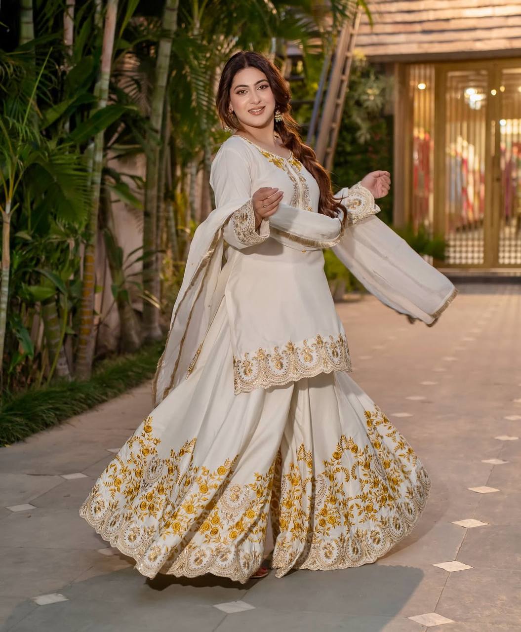 Royal Ethnic White Embroidered Zari Work Sharara Suit Set with Dupatta for Festive & Wedding Wear