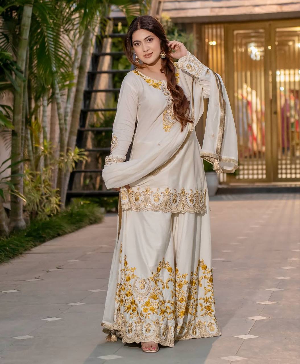Royal Ethnic White Embroidered Zari Work Sharara Suit Set with Dupatta for Festive & Wedding Wear