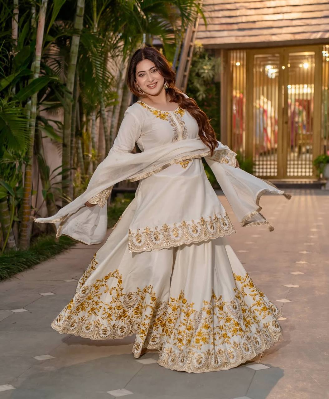Royal Ethnic White Embroidered Zari Work Sharara Suit Set with Dupatta for Festive & Wedding Wear