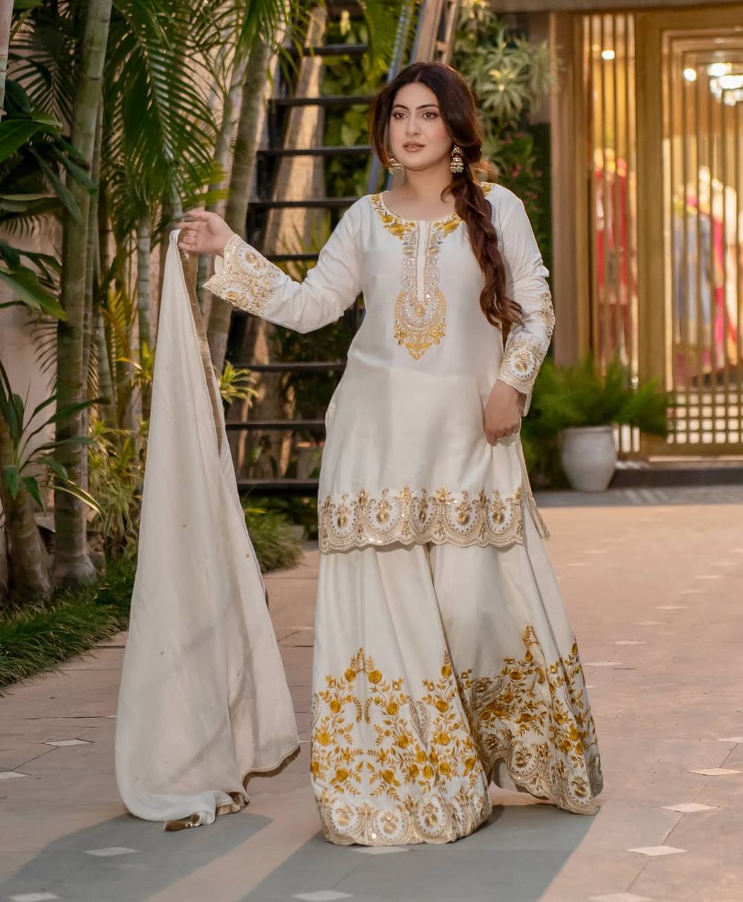 Royal Ethnic White Embroidered Zari Work Sharara Suit Set with Dupatta for Festive & Wedding Wear