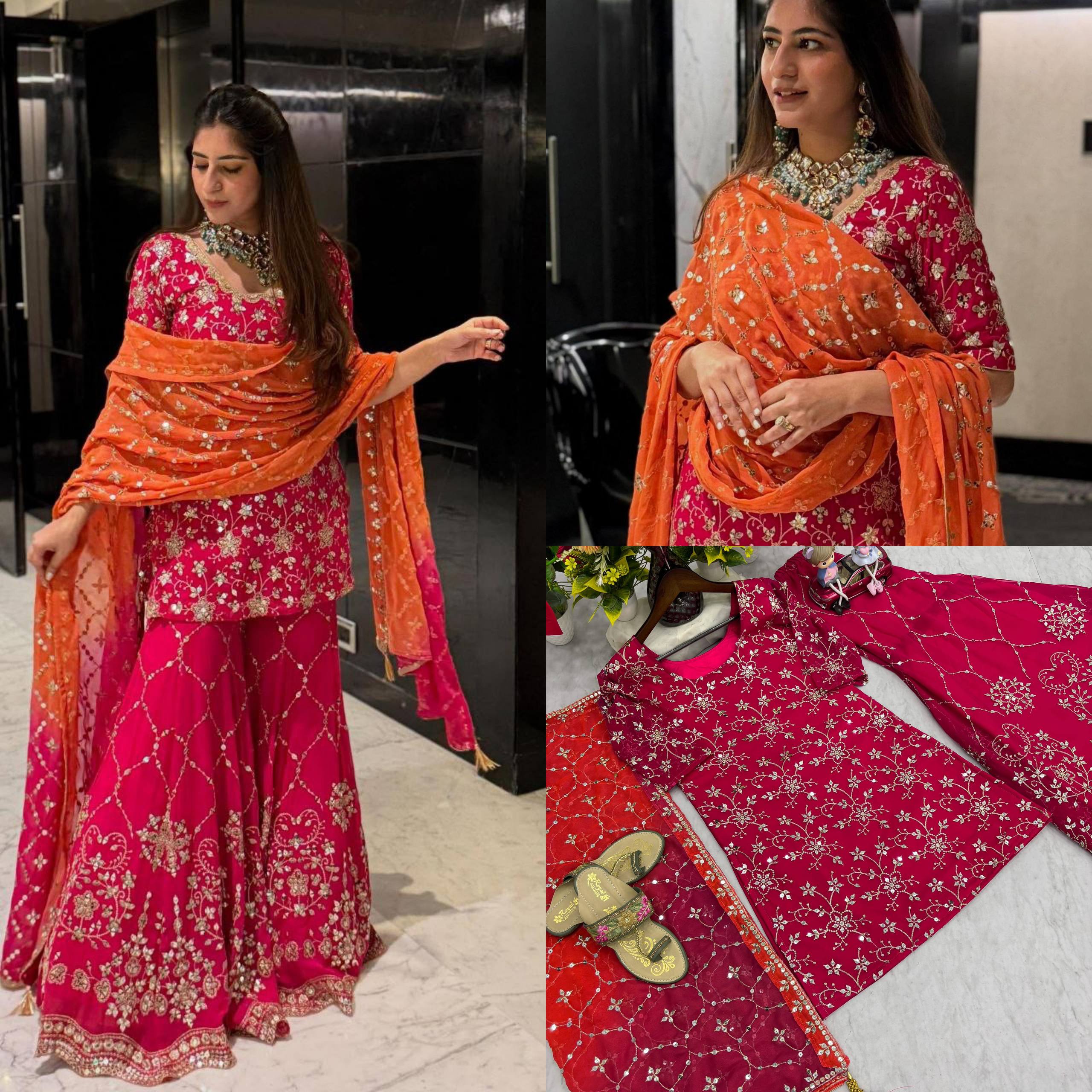 Women’s Designer Pink Sharara Suit Set with Heavy Golden Embroidery, Short Kurta and Flared Sharara Pants with Orange Dupatta – Perfect for Wedding, Party and Festive Wear