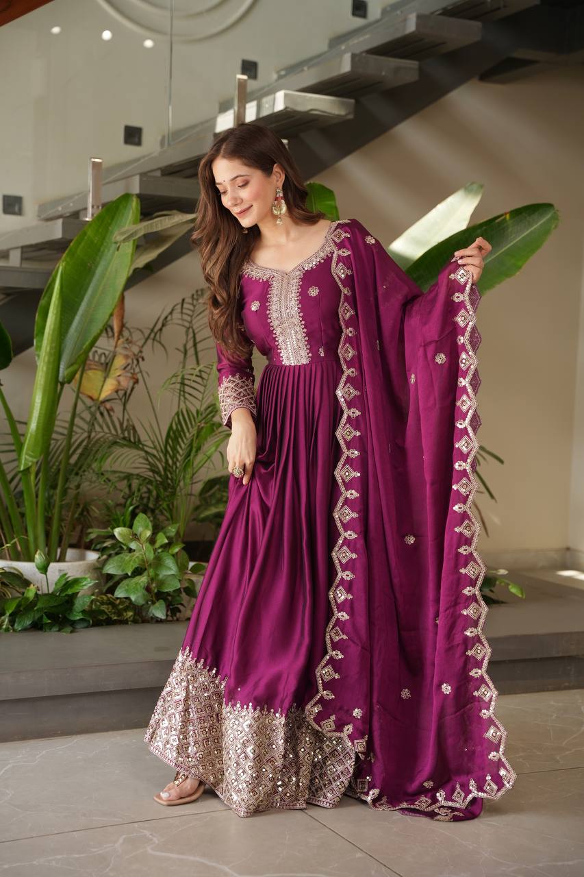 Designer Plum Floor-Length Anarkali Suit with Intricate Golden Embroidery, Heavy Zari Border, and Matching Dupatta – Perfect for Weddings, Parties & Festive Occasions