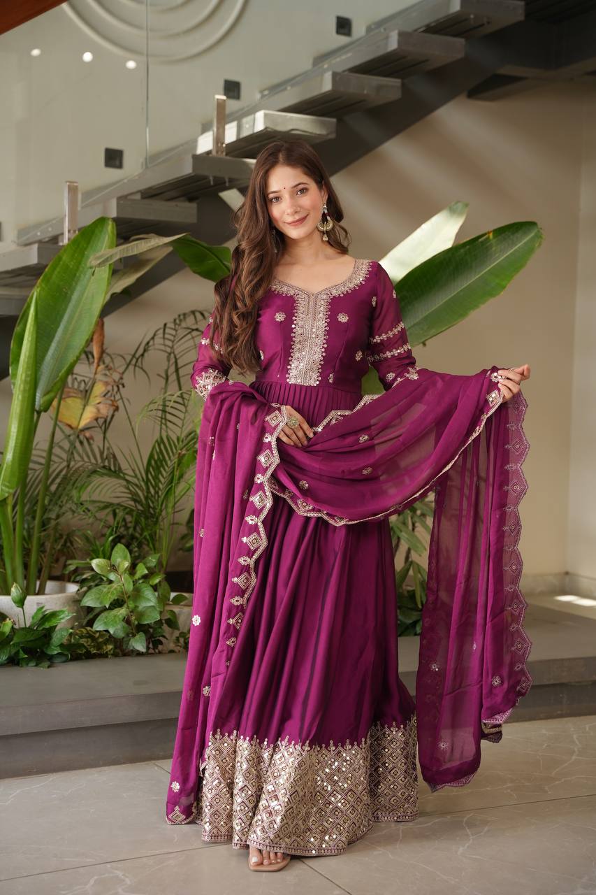 Designer Plum Floor-Length Anarkali Suit with Intricate Golden Embroidery, Heavy Zari Border, and Matching Dupatta – Perfect for Weddings, Parties & Festive Occasions
