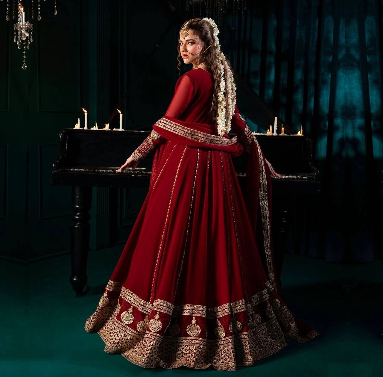 Luxurious Maroon Velvet Anarkali Gown with Heavy Zari and Sequin Embroidery, Full Sleeves, and Dupatta – Regal Floor-Length Bridal/Bridesmaid Ensemble for Wedding & Festive Occasions – Traditional Indian Ethnic Wear for Women