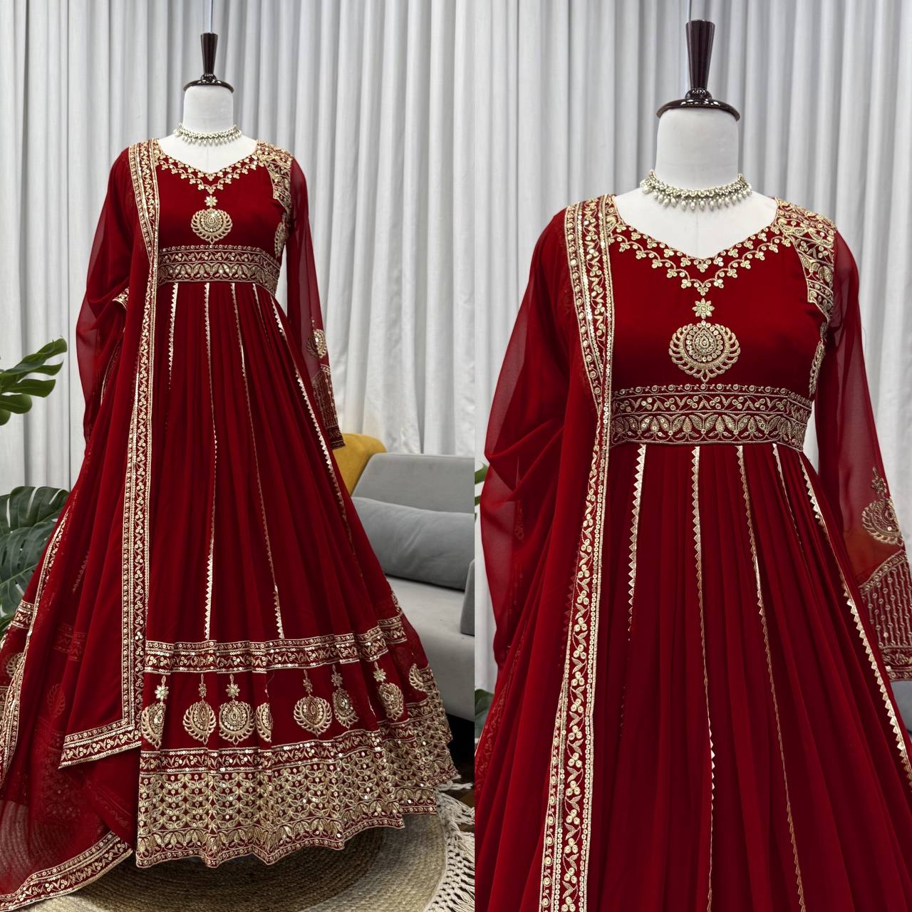 Luxurious Maroon Velvet Anarkali Gown with Heavy Zari and Sequin Embroidery, Full Sleeves, and Dupatta – Regal Floor-Length Bridal/Bridesmaid Ensemble for Wedding & Festive Occasions – Traditional Indian Ethnic Wear for Women