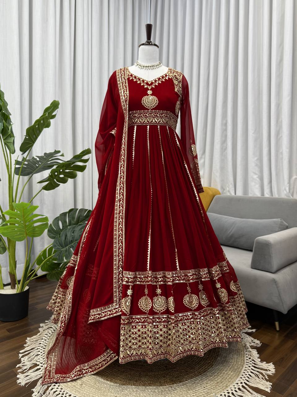 Luxurious Maroon Velvet Anarkali Gown with Heavy Zari and Sequin Embroidery, Full Sleeves, and Dupatta – Regal Floor-Length Bridal/Bridesmaid Ensemble for Wedding & Festive Occasions – Traditional Indian Ethnic Wear for Women