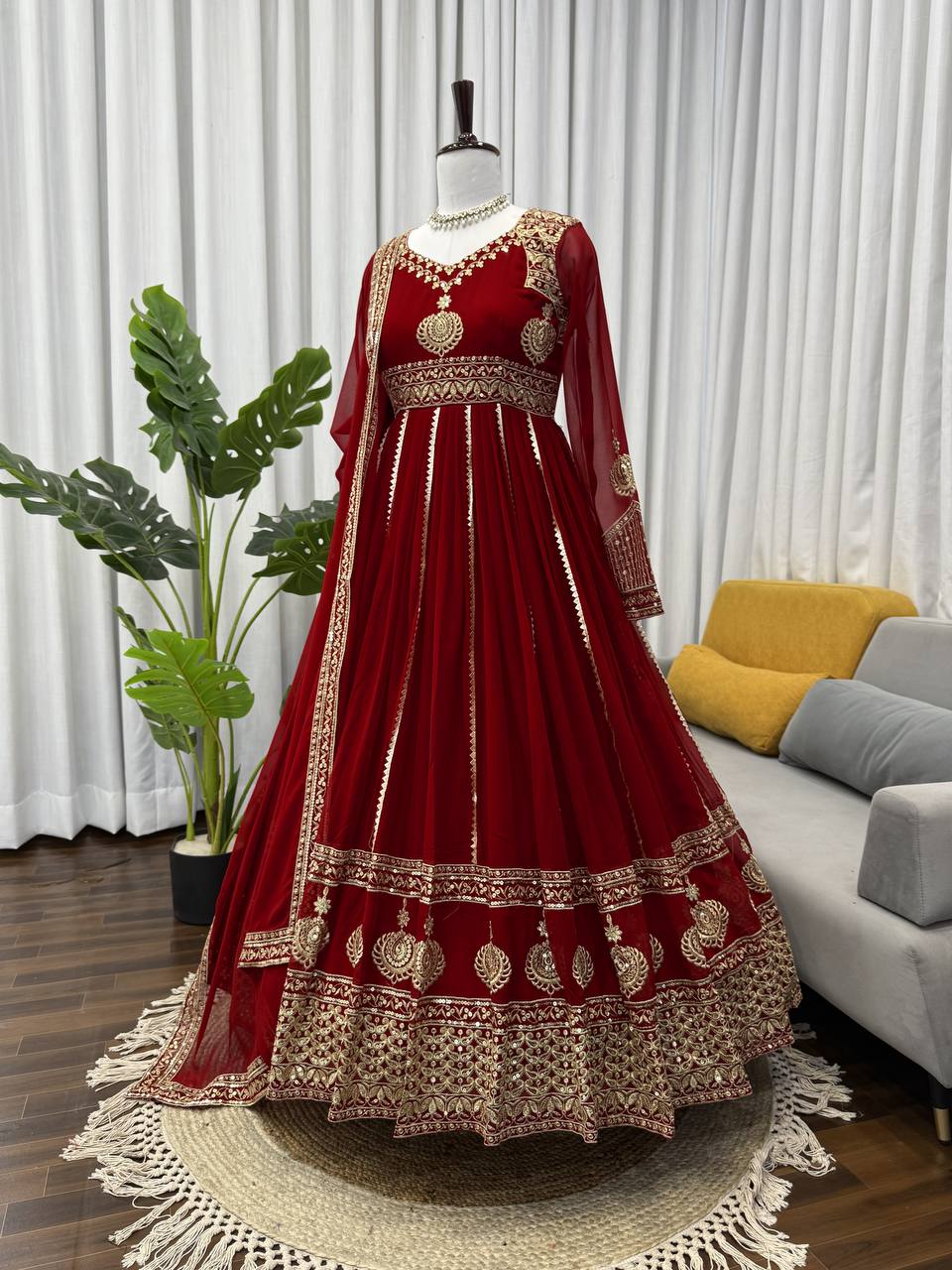 Luxurious Maroon Velvet Anarkali Gown with Heavy Zari and Sequin Embroidery, Full Sleeves, and Dupatta – Regal Floor-Length Bridal/Bridesmaid Ensemble for Wedding & Festive Occasions – Traditional Indian Ethnic Wear for Women