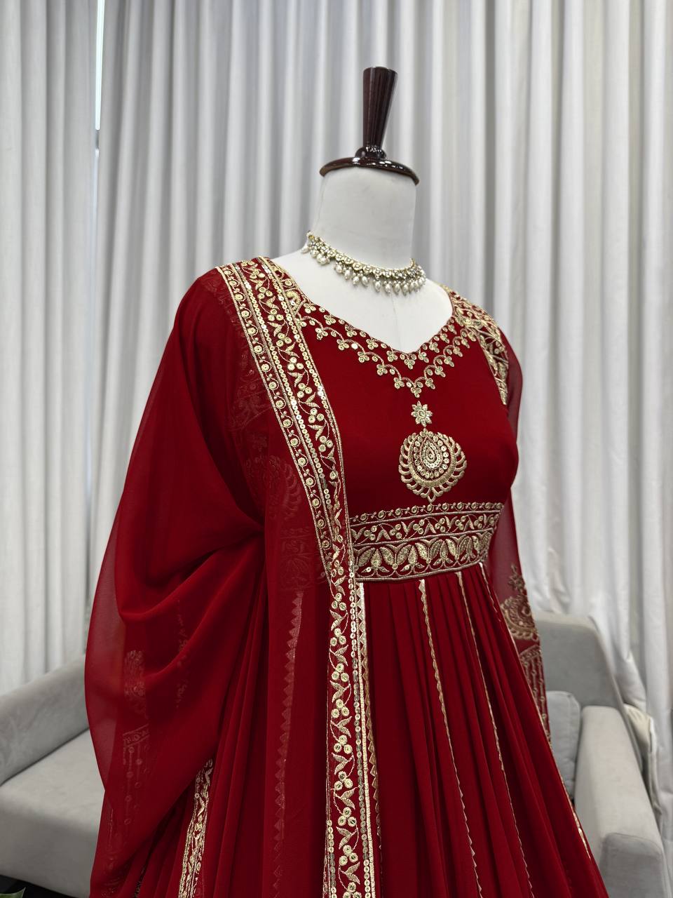 Luxurious Maroon Velvet Anarkali Gown with Heavy Zari and Sequin Embroidery, Full Sleeves, and Dupatta – Regal Floor-Length Bridal/Bridesmaid Ensemble for Wedding & Festive Occasions – Traditional Indian Ethnic Wear for Women