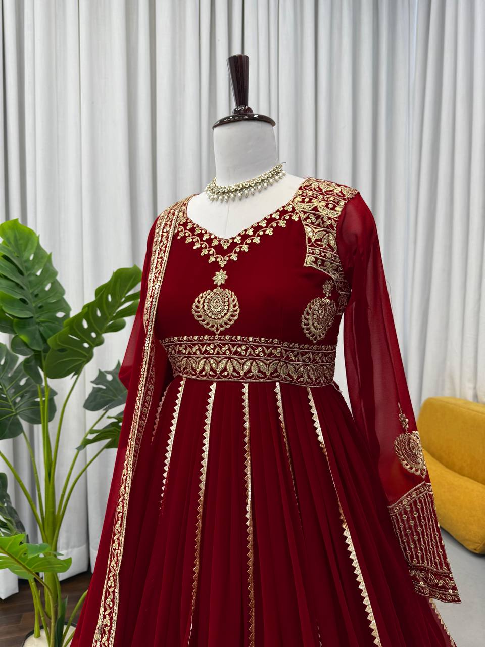 Luxurious Maroon Velvet Anarkali Gown with Heavy Zari and Sequin Embroidery, Full Sleeves, and Dupatta – Regal Floor-Length Bridal/Bridesmaid Ensemble for Wedding & Festive Occasions – Traditional Indian Ethnic Wear for Women