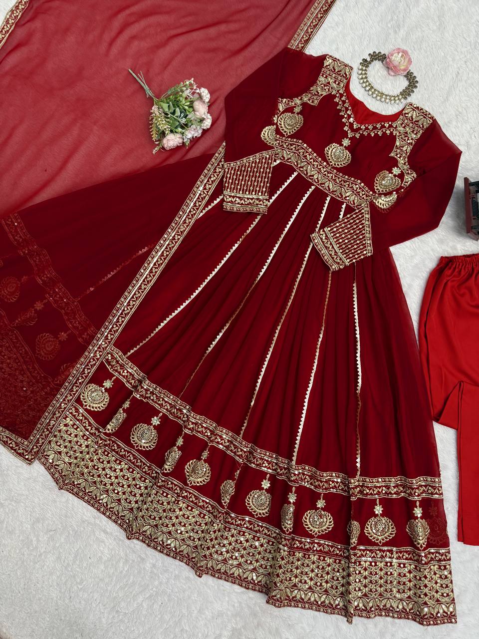 Luxurious Maroon Velvet Anarkali Gown with Heavy Zari and Sequin Embroidery, Full Sleeves, and Dupatta – Regal Floor-Length Bridal/Bridesmaid Ensemble for Wedding & Festive Occasions – Traditional Indian Ethnic Wear for Women
