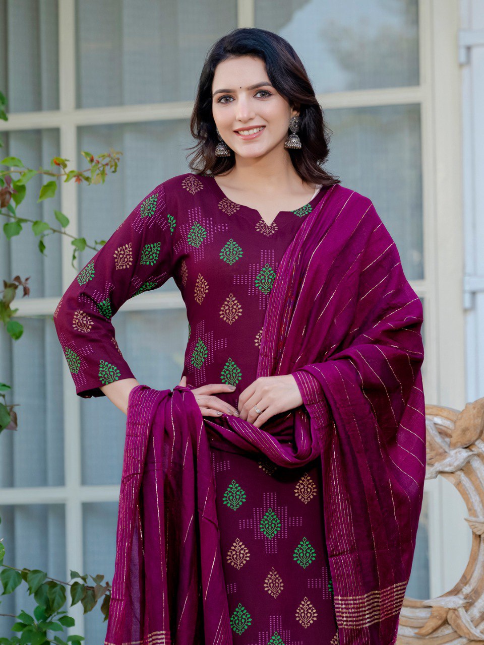 Classic Printed Kurta Suit Set with Matching Bottoms and Dupatta – Perfect for Office & Gatherings