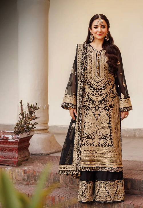 Premium Black and Gold Pakistani Style Embroidered Chiffon Suit for Women – Heavy Zari and Resham Work on Straight Kurta, Palazzo Pants, and Dupatta – Traditional Formal Ethnic Wear for Weddings, Parties, and Festive Occasions