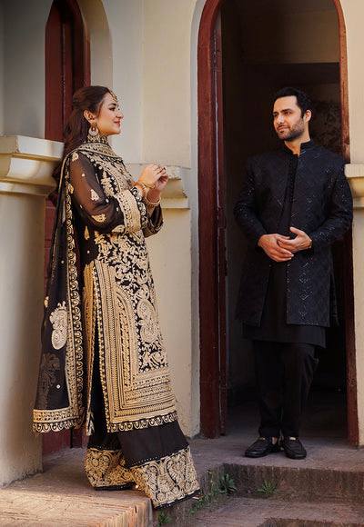 Premium Black and Gold Pakistani Style Embroidered Chiffon Suit for Women – Heavy Zari and Resham Work on Straight Kurta, Palazzo Pants, and Dupatta – Traditional Formal Ethnic Wear for Weddings, Parties, and Festive Occasions