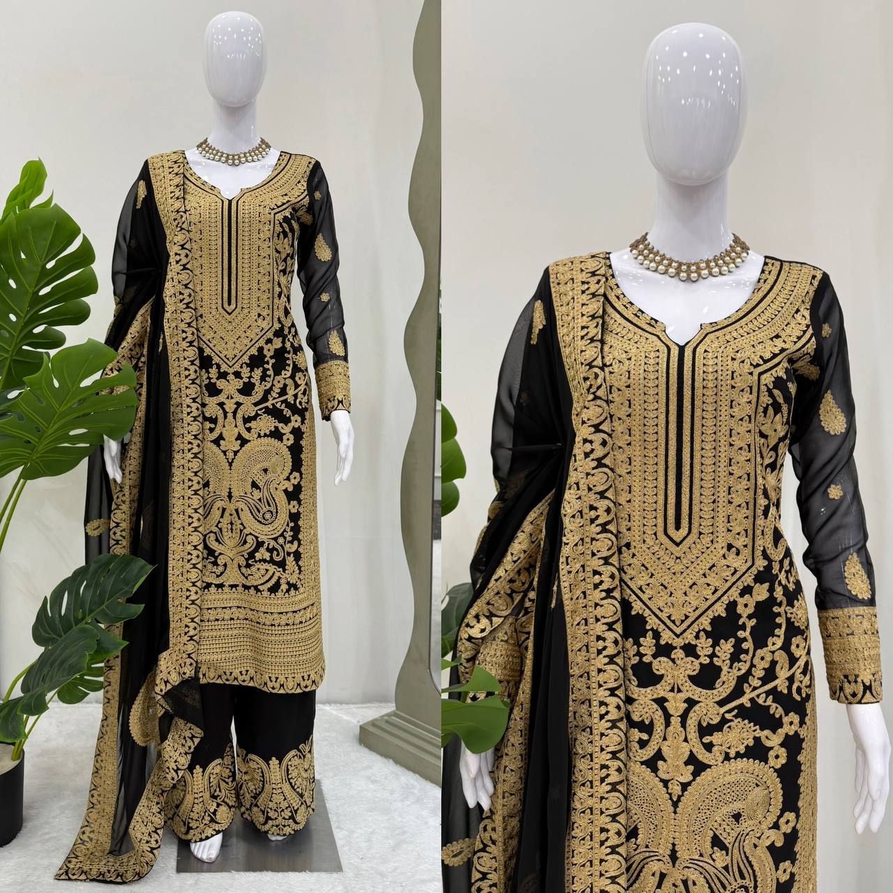 Premium Black and Gold Pakistani Style Embroidered Chiffon Suit for Women – Heavy Zari and Resham Work on Straight Kurta, Palazzo Pants, and Dupatta – Traditional Formal Ethnic Wear for Weddings, Parties, and Festive Occasions