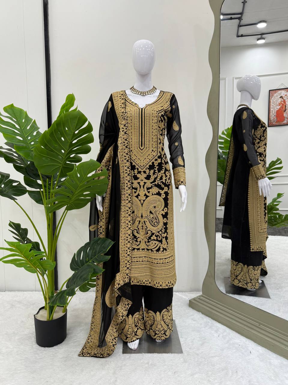 Premium Black and Gold Pakistani Style Embroidered Chiffon Suit for Women – Heavy Zari and Resham Work on Straight Kurta, Palazzo Pants, and Dupatta – Traditional Formal Ethnic Wear for Weddings, Parties, and Festive Occasions