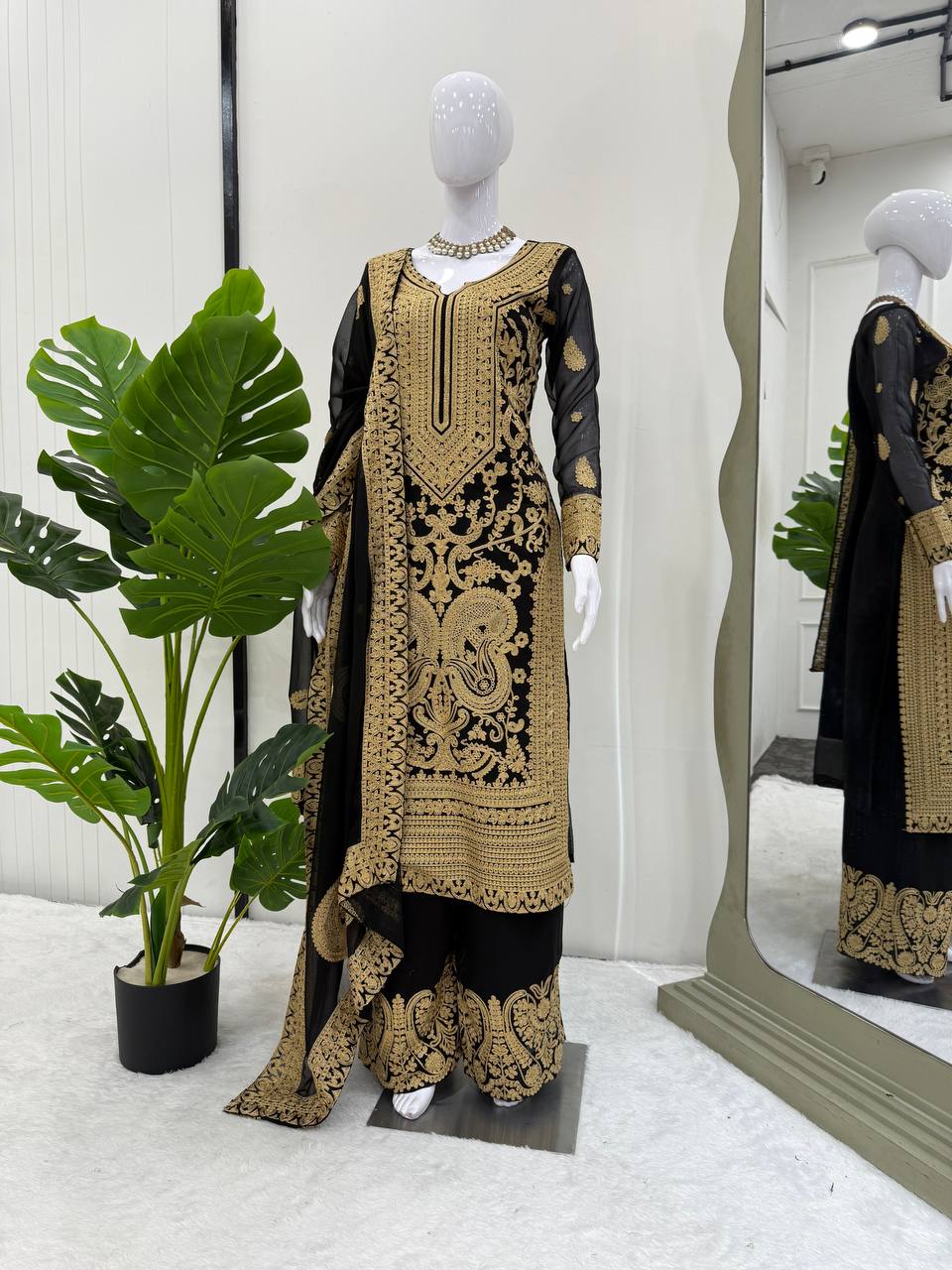 Premium Black and Gold Pakistani Style Embroidered Chiffon Suit for Women – Heavy Zari and Resham Work on Straight Kurta, Palazzo Pants, and Dupatta – Traditional Formal Ethnic Wear for Weddings, Parties, and Festive Occasions