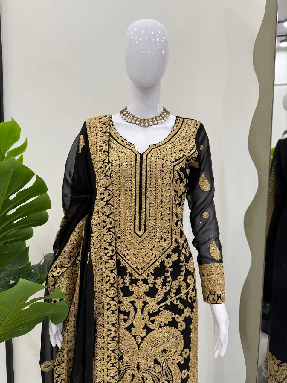 Premium Black and Gold Pakistani Style Embroidered Chiffon Suit for Women – Heavy Zari and Resham Work on Straight Kurta, Palazzo Pants, and Dupatta – Traditional Formal Ethnic Wear for Weddings, Parties, and Festive Occasions