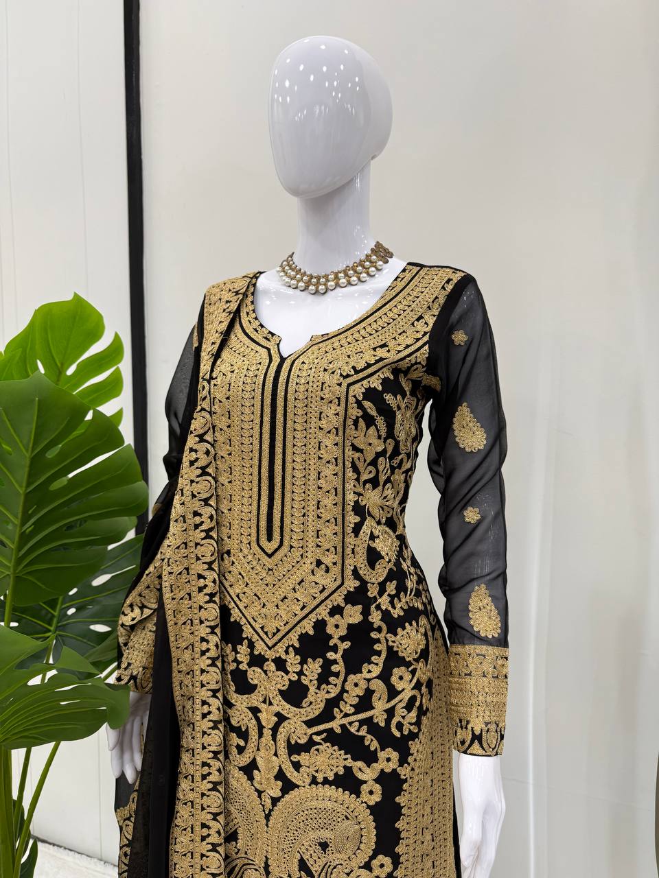 Premium Black and Gold Pakistani Style Embroidered Chiffon Suit for Women – Heavy Zari and Resham Work on Straight Kurta, Palazzo Pants, and Dupatta – Traditional Formal Ethnic Wear for Weddings, Parties, and Festive Occasions