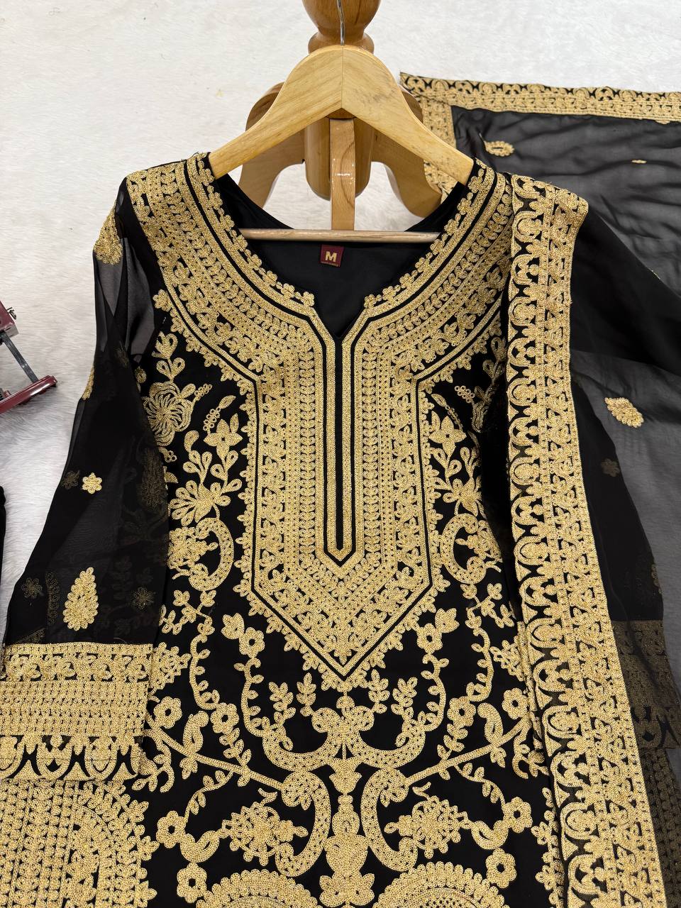 Premium Black and Gold Pakistani Style Embroidered Chiffon Suit for Women – Heavy Zari and Resham Work on Straight Kurta, Palazzo Pants, and Dupatta – Traditional Formal Ethnic Wear for Weddings, Parties, and Festive Occasions