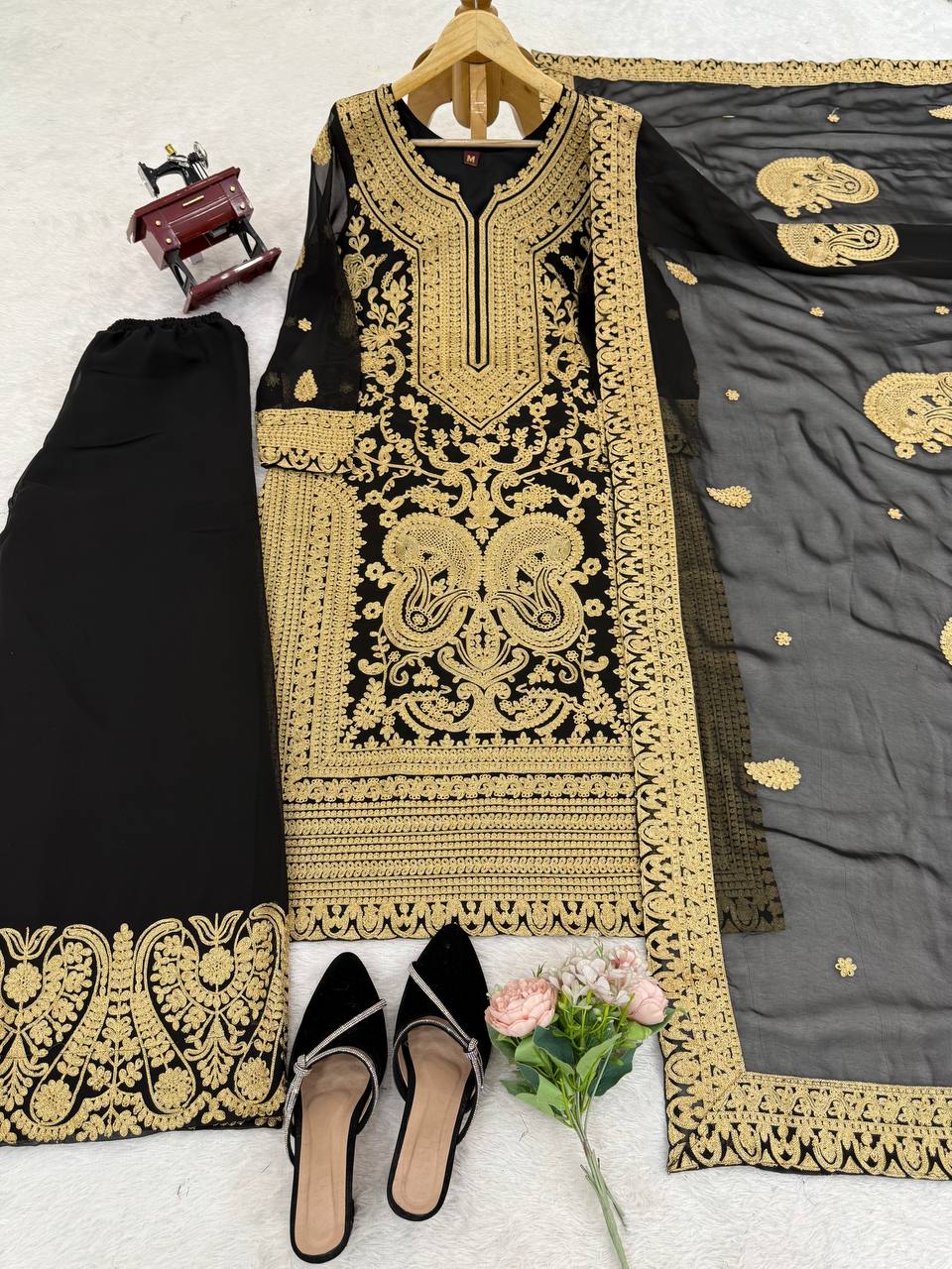 Premium Black and Gold Pakistani Style Embroidered Chiffon Suit for Women – Heavy Zari and Resham Work on Straight Kurta, Palazzo Pants, and Dupatta – Traditional Formal Ethnic Wear for Weddings, Parties, and Festive Occasions