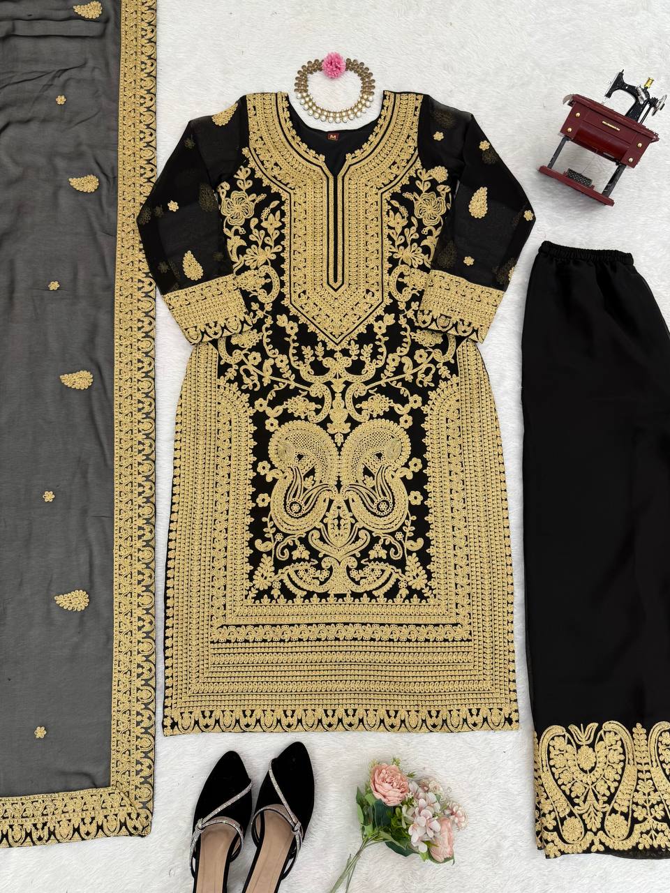 Premium Black and Gold Pakistani Style Embroidered Chiffon Suit for Women – Heavy Zari and Resham Work on Straight Kurta, Palazzo Pants, and Dupatta – Traditional Formal Ethnic Wear for Weddings, Parties, and Festive Occasions