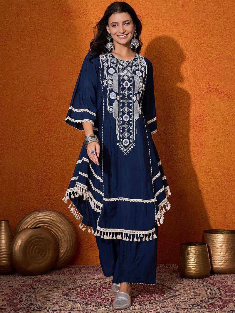 Elegant Black Handcrafted Cotton Kurta Set with Intricate White Mirror Work Embroidery, Asymmetric Hemline, and Tassel Detailing – Bohemian Ethnic Wear for Women – Includes Wide-Leg Pants – Ideal for Festive & Casual Occasions