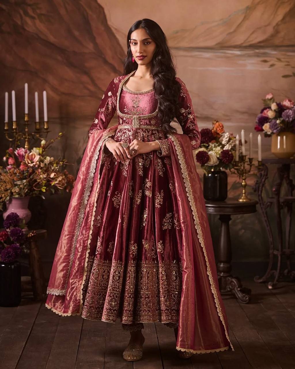 Designer Maroon Velvet Embroidered Anarkali Suit with Zari Work, Stone Detailing, and Contrast Dupatta – Traditional Indian Ethnic Party Wear Gown for Weddings & Festive Occasions