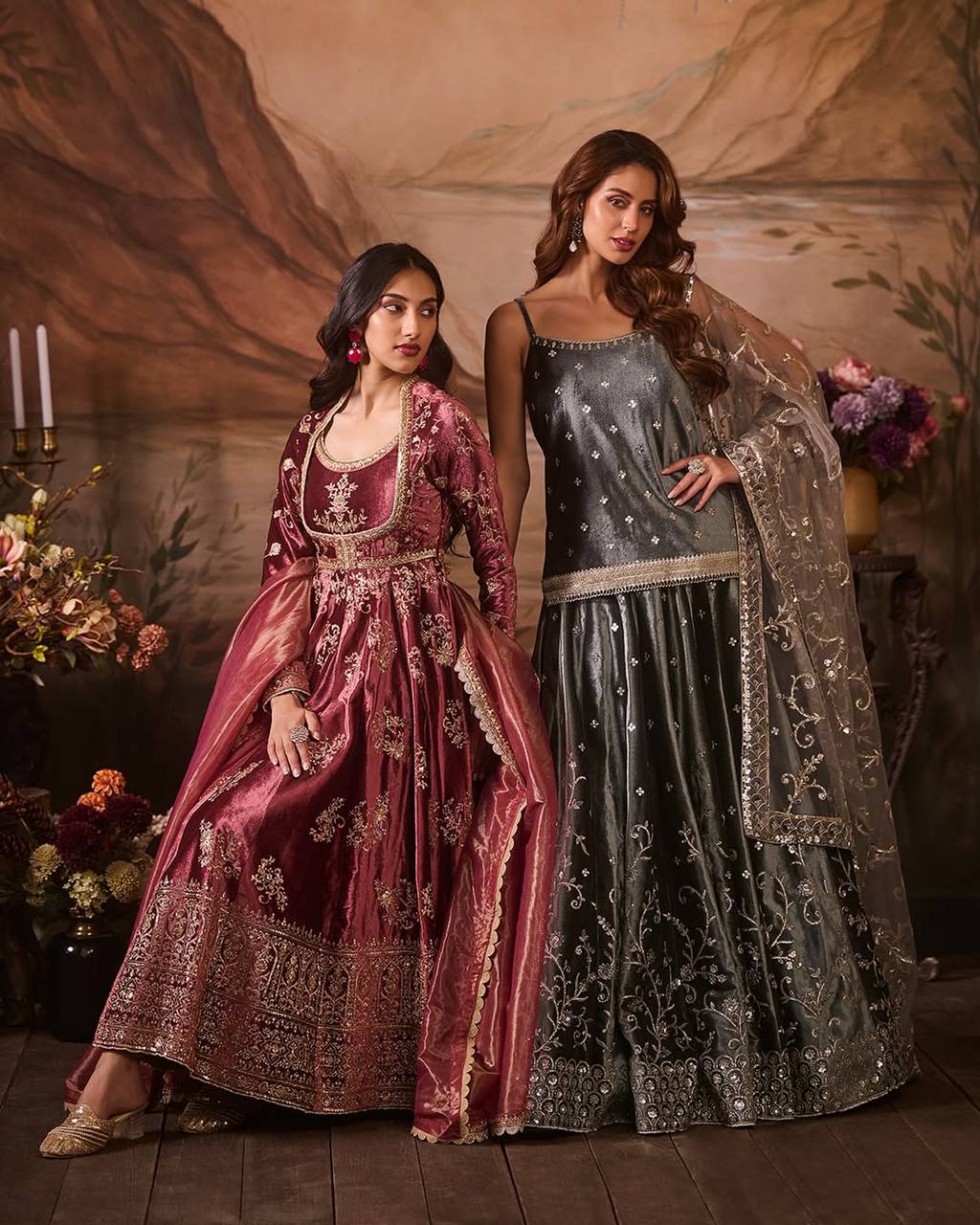 Designer Maroon Velvet Embroidered Anarkali Suit with Zari Work, Stone Detailing, and Contrast Dupatta – Traditional Indian Ethnic Party Wear Gown for Weddings & Festive Occasions