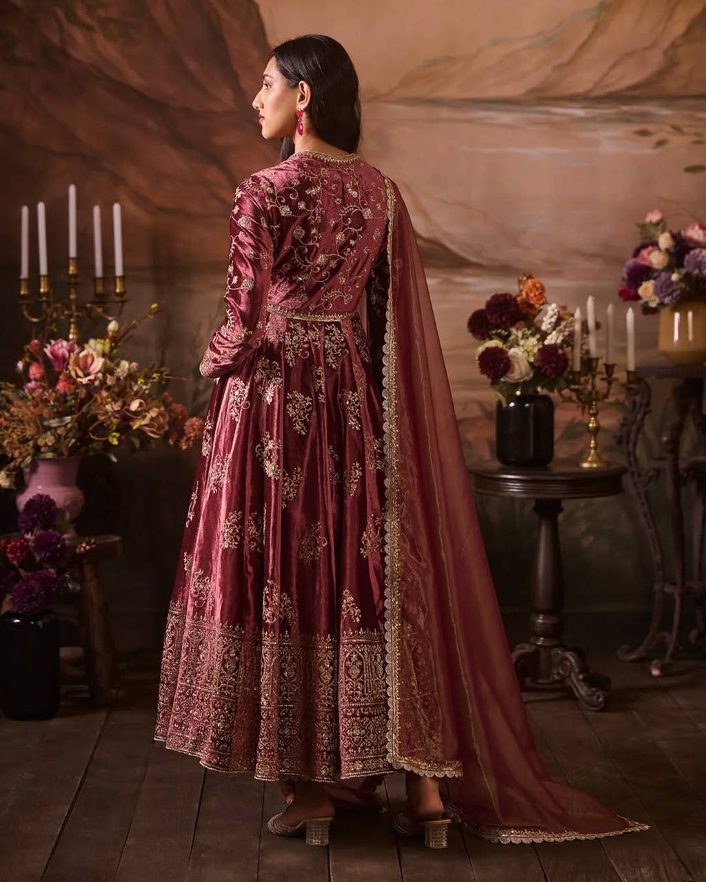 Designer Maroon Velvet Embroidered Anarkali Suit with Zari Work, Stone Detailing, and Contrast Dupatta – Traditional Indian Ethnic Party Wear Gown for Weddings & Festive Occasions