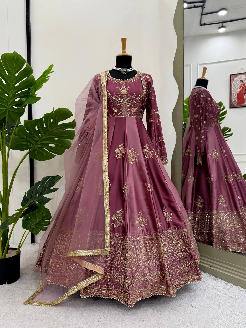 Designer Maroon Velvet Embroidered Anarkali Suit with Zari Work, Stone Detailing, and Contrast Dupatta – Traditional Indian Ethnic Party Wear Gown for Weddings & Festive Occasions