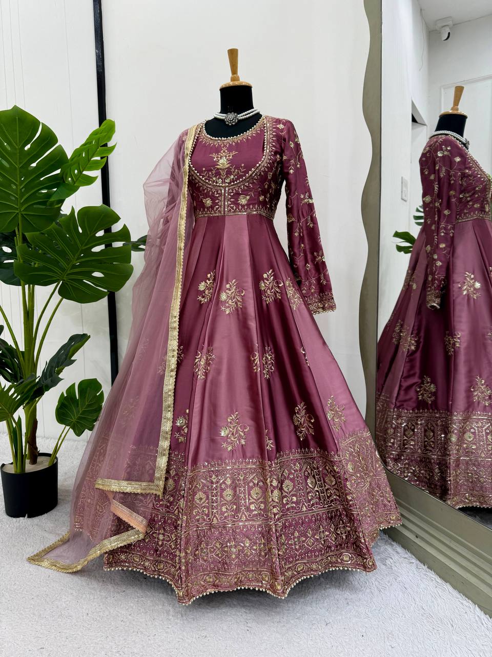 Designer Maroon Velvet Embroidered Anarkali Suit with Zari Work, Stone Detailing, and Contrast Dupatta – Traditional Indian Ethnic Party Wear Gown for Weddings & Festive Occasions