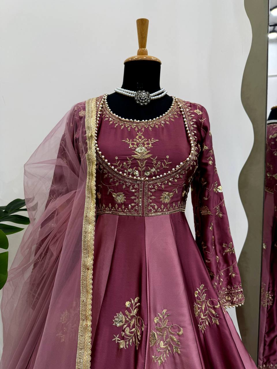 Designer Maroon Velvet Embroidered Anarkali Suit with Zari Work, Stone Detailing, and Contrast Dupatta – Traditional Indian Ethnic Party Wear Gown for Weddings & Festive Occasions