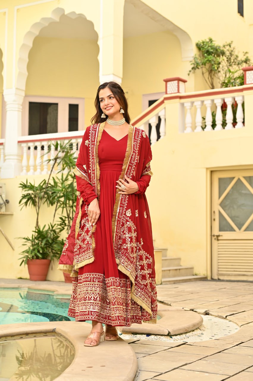 Women’s Designer Maroon Anarkali Suit Set with Heavy Golden Embroidery, Full-Length Gown Style Kurta, Rich Dupatta with Traditional Border, Perfect for Wedding, Festival and Party Wear