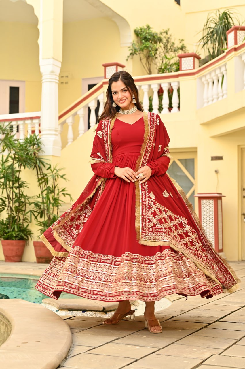 Women’s Designer Maroon Anarkali Suit Set with Heavy Golden Embroidery, Full-Length Gown Style Kurta, Rich Dupatta with Traditional Border, Perfect for Wedding, Festival and Party Wear