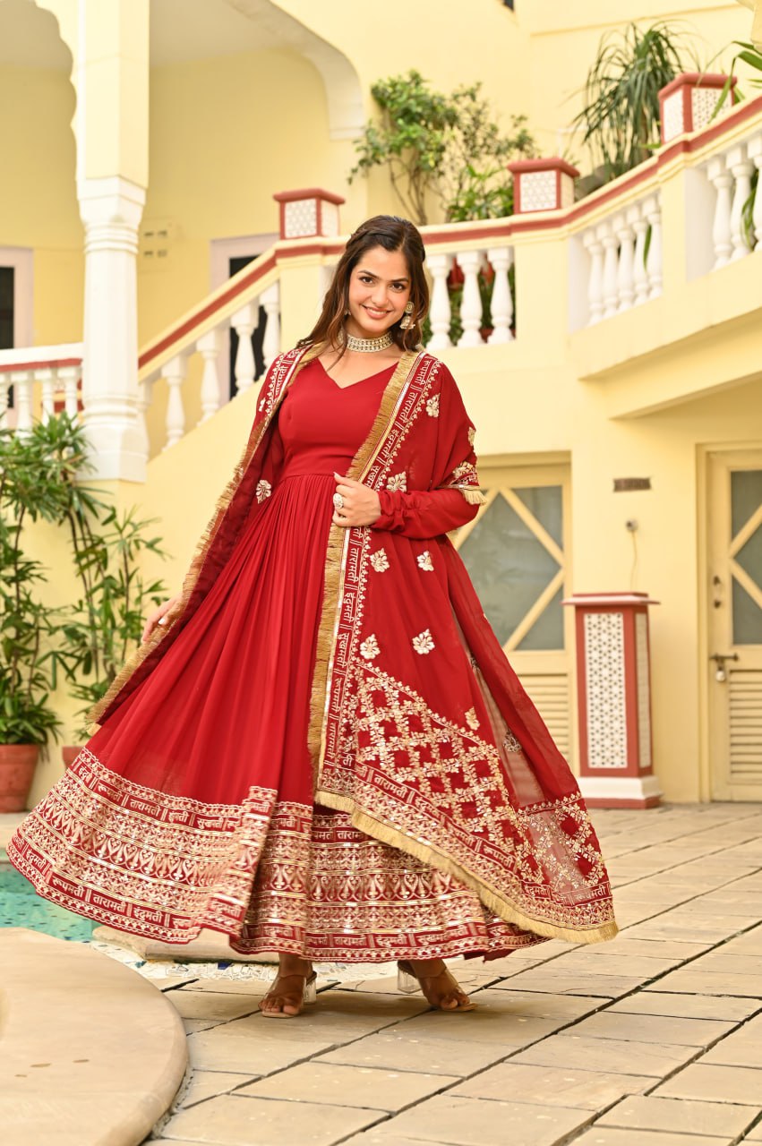 Women’s Designer Maroon Anarkali Suit Set with Heavy Golden Embroidery, Full-Length Gown Style Kurta, Rich Dupatta with Traditional Border, Perfect for Wedding, Festival and Party Wear