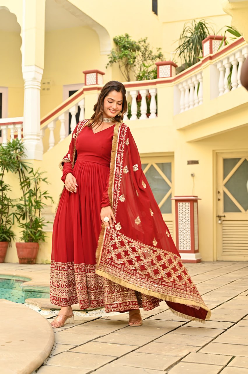 Women’s Designer Maroon Anarkali Suit Set with Heavy Golden Embroidery, Full-Length Gown Style Kurta, Rich Dupatta with Traditional Border, Perfect for Wedding, Festival and Party Wear