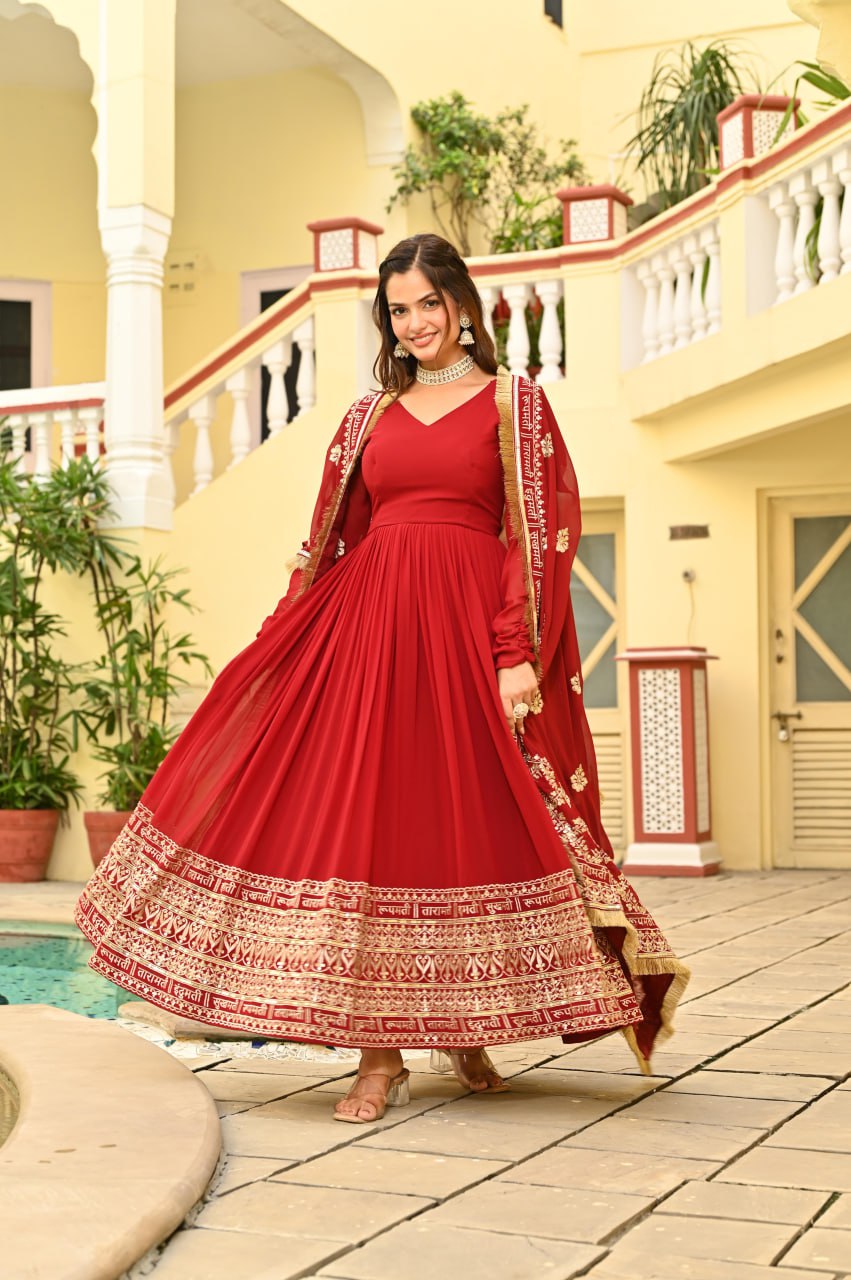 Women’s Designer Maroon Anarkali Suit Set with Heavy Golden Embroidery, Full-Length Gown Style Kurta, Rich Dupatta with Traditional Border, Perfect for Wedding, Festival and Party Wear