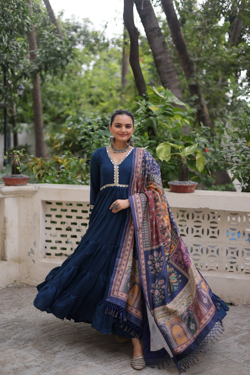 Women’s Ethnic Wear Designer Long Anarkali Gown with Elegant Detailing and Printed Dupatta