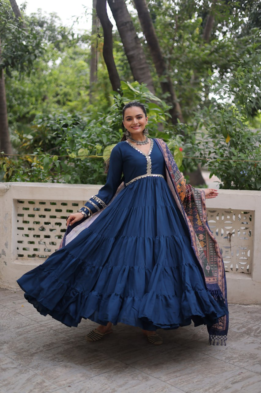 Women’s Ethnic Wear Designer Long Anarkali Gown with Elegant Detailing and Printed Dupatta