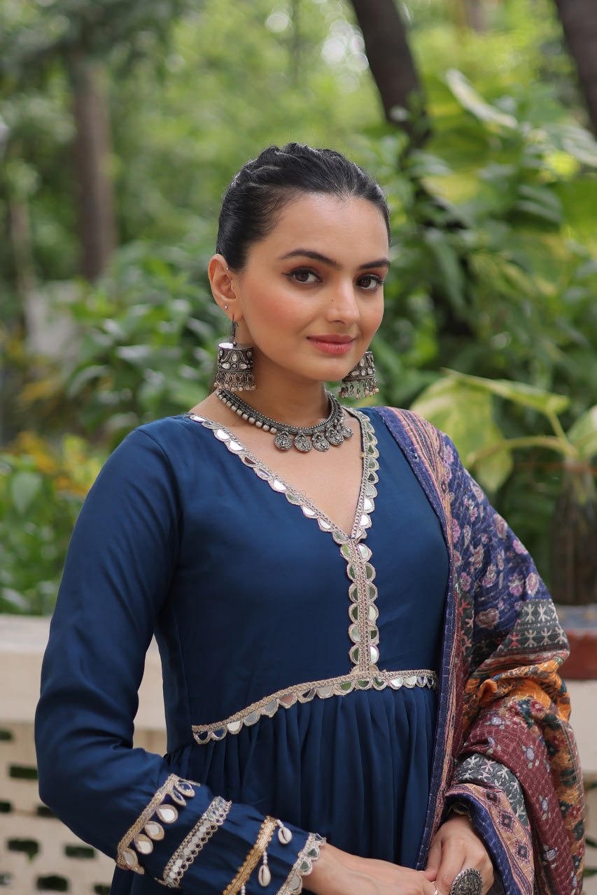 Women’s Ethnic Wear Designer Long Anarkali Gown with Elegant Detailing and Printed Dupatta