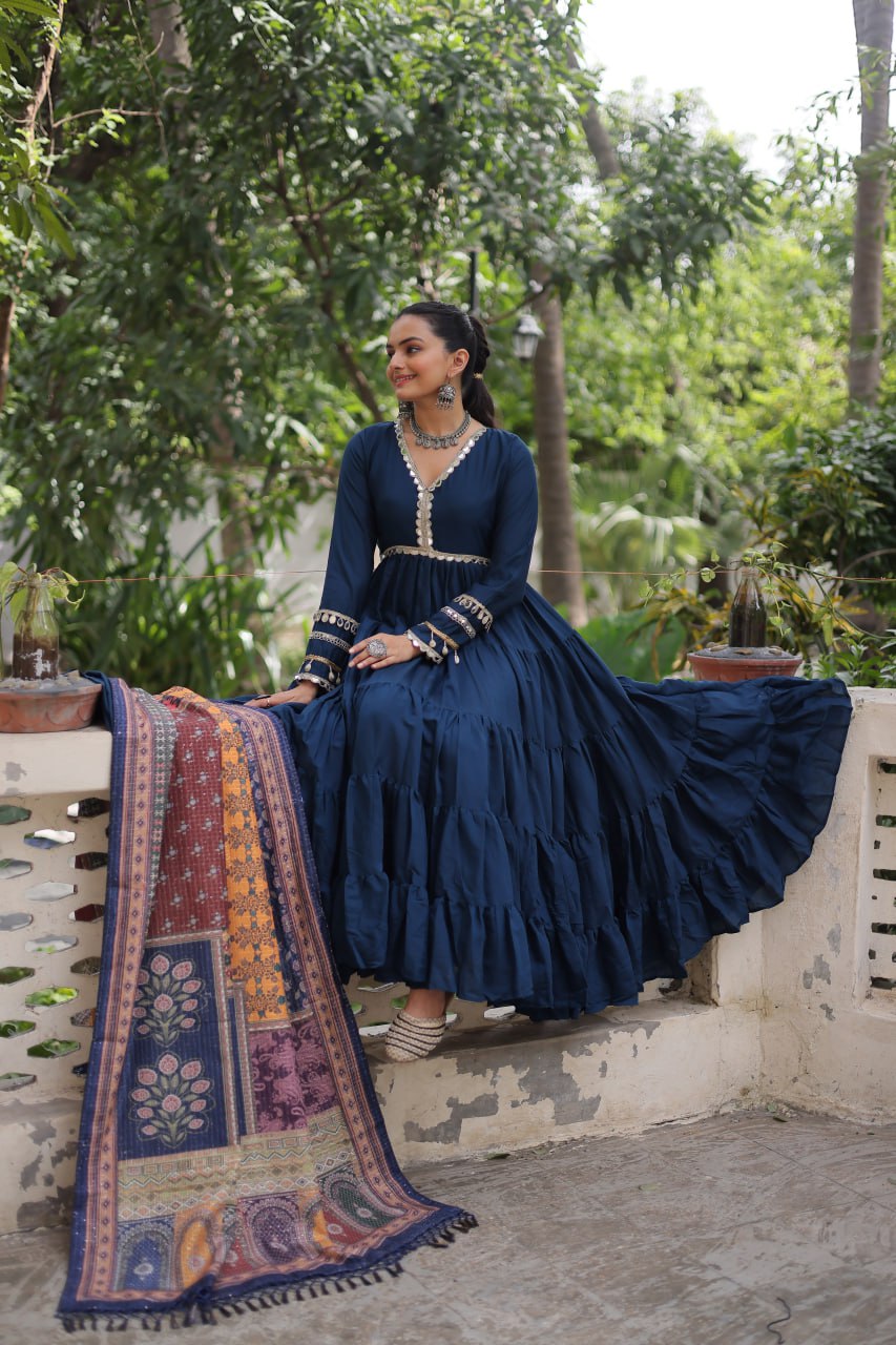 Women’s Ethnic Wear Designer Long Anarkali Gown with Elegant Detailing and Printed Dupatta