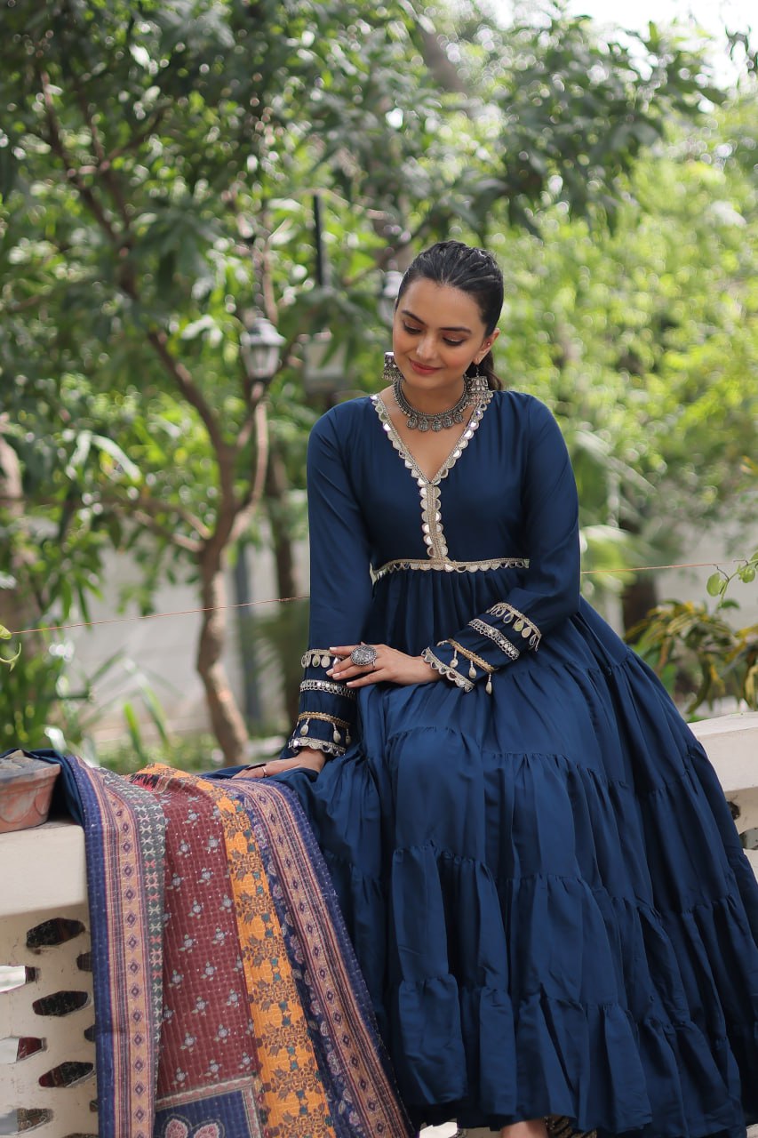 Women’s Ethnic Wear Designer Long Anarkali Gown with Elegant Detailing and Printed Dupatta