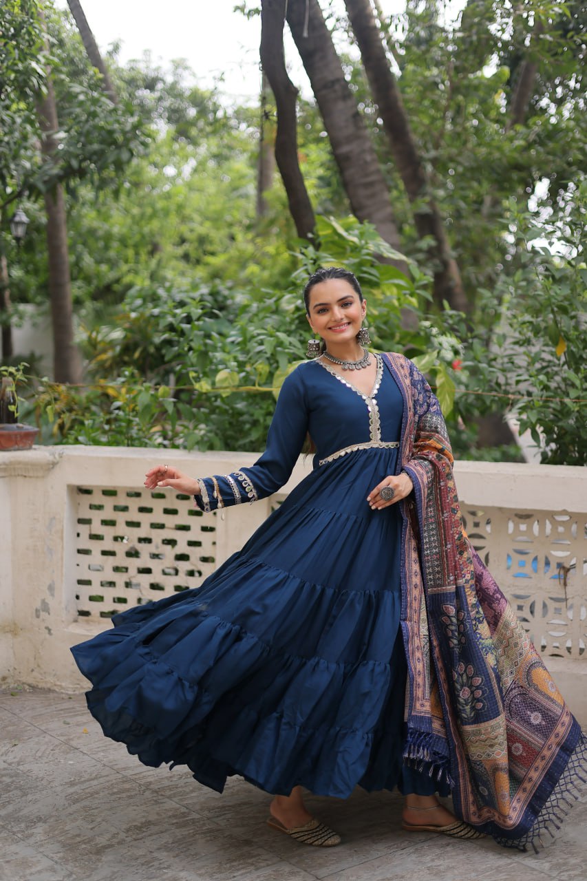 Women’s Ethnic Wear Designer Long Anarkali Gown with Elegant Detailing and Printed Dupatta