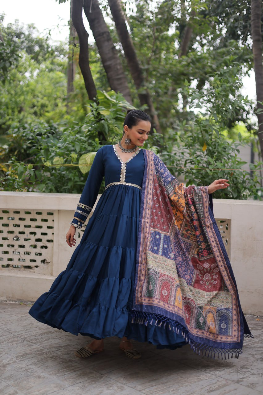 Women’s Ethnic Wear Designer Long Anarkali Gown with Elegant Detailing and Printed Dupatta