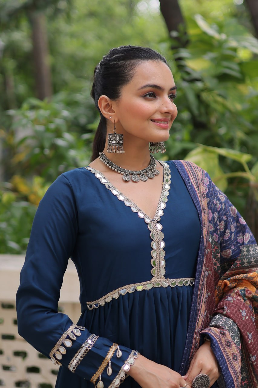 Women’s Ethnic Wear Designer Long Anarkali Gown with Elegant Detailing and Printed Dupatta