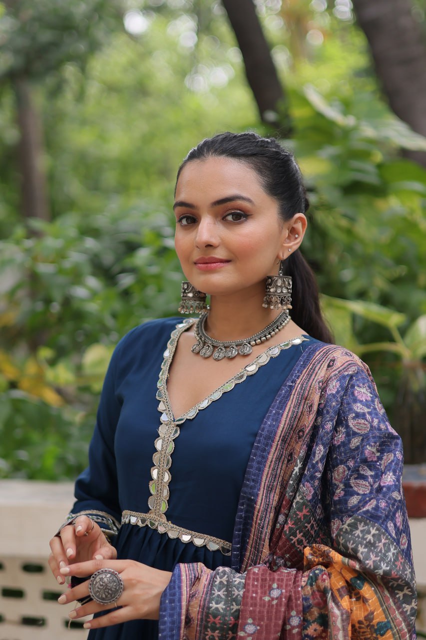 Women’s Ethnic Wear Designer Long Anarkali Gown with Elegant Detailing and Printed Dupatta